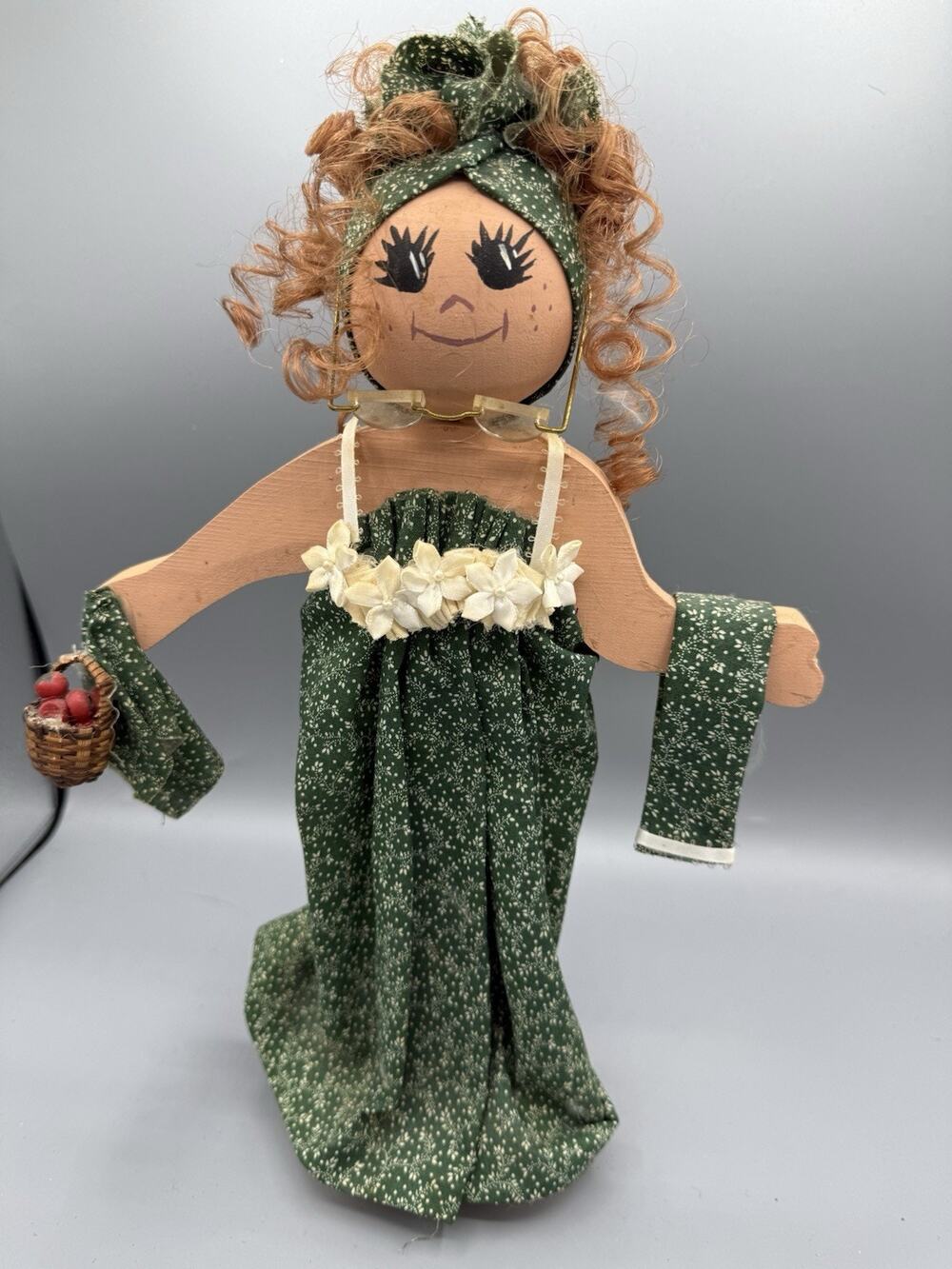 Vintage Folk Art Wooden Doll 13” Handmade Lady Glasses Basket Green Dress